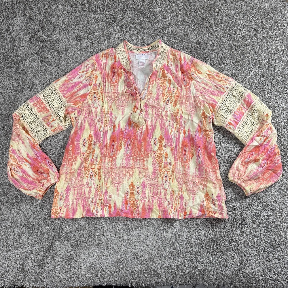 Stella Parker Womens Top Large Ikat Boho Peasant Fairy Tassel Crochet Lace Prep